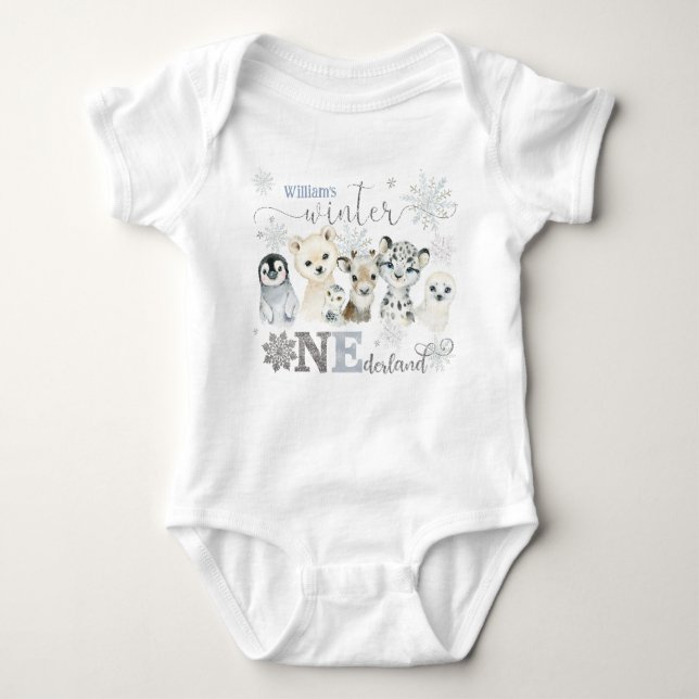 Winter Onederland Arctic Animals Blue 1st Birthday Baby Bodysuit (Front)