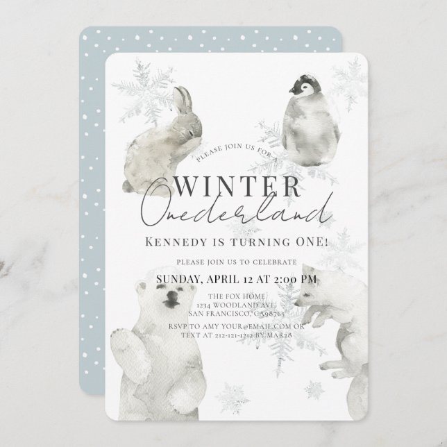 Winter Onederland Arctic Animals Boy 1st Birthday Invitation (Front/Back)