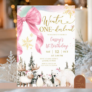 Winter ONEderland Arctic Animals Girl Birthday Invitation