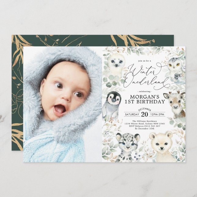 Winter Onederland Arctic Animals Greenery Birthday Invitation (Front/Back)