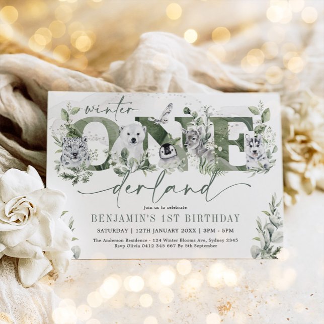 Winter Onederland Arctic Animals Greenery Birthday Invitation (Creator Uploaded)