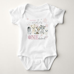 Winter Onederland Arctic Animals Pink 1st Birthday Baby Bodysuit