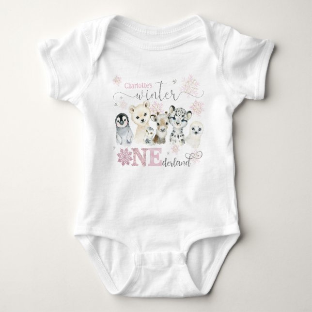 Winter Onederland Arctic Animals Pink 1st Birthday Baby Bodysuit (Front)