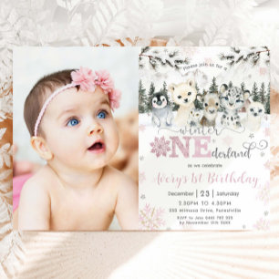 Winter Onederland Arctic Animals Snow 1st Birthday Invitation