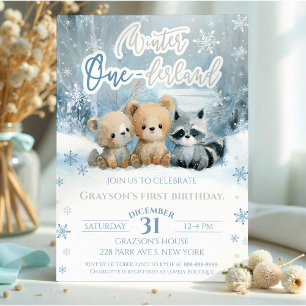 Winter Onederland Bear Baby Blue First Birthday Invitation