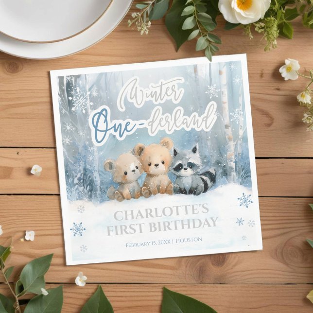 Winter Onederland Bear Blue First Birthday Party Napkin (Creator Uploaded)