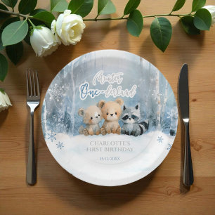 Winter Onederland Bear Blue First Birthday Party Paper Plate