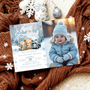 Winter Onederland Bear Blue First Birthday Photo Invitation