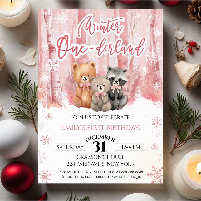 Winter Onederland Bear Pink First Birthday Invitation (Creator Uploaded)