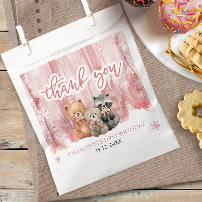 Winter Onederland Bear Pink First Birthday Party Favour Bags (Creator Uploaded)