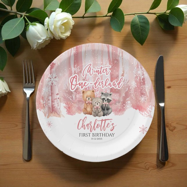 Winter Onederland Bear Pink First Birthday Party Paper Plate (Creator Uploaded)