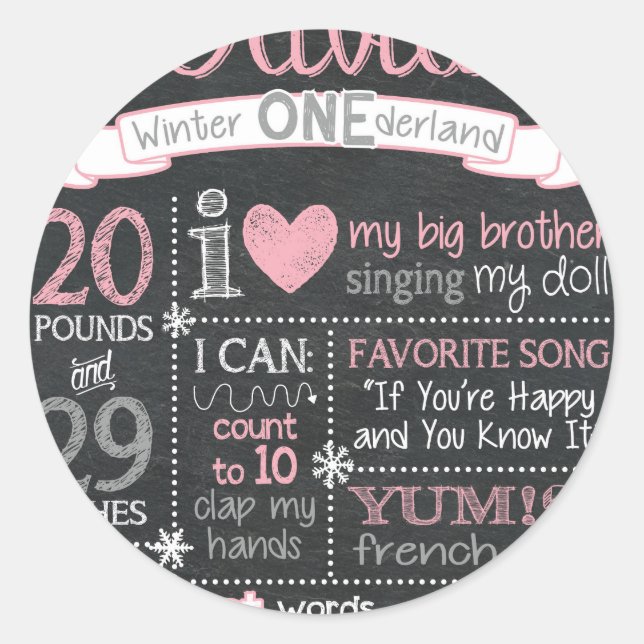 Winter ONEderland Birthday Chalkboard Sign Classic Round Sticker (Front)