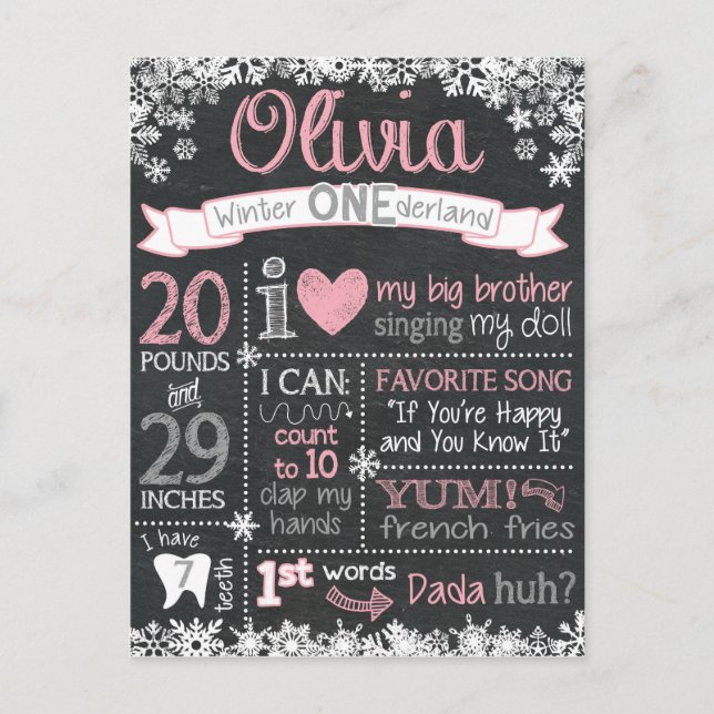 Winter ONEderland Birthday Chalkboard Sign Postcard (Front)