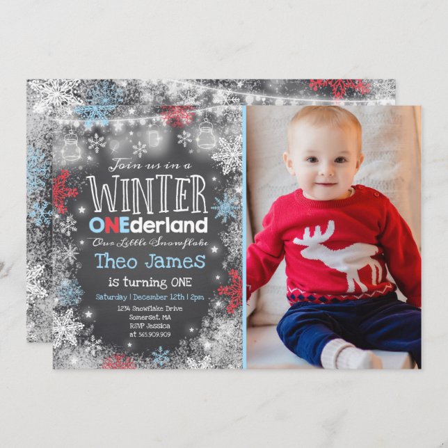 Winter ONEderland Birthday Invitation Blue Red (Front/Back)