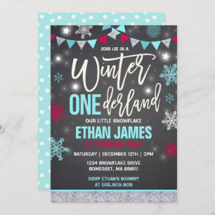 Winter ONEderland Birthday Invitation Blue & Red