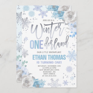Winter ONEderland Birthday Invitation Blue Silver