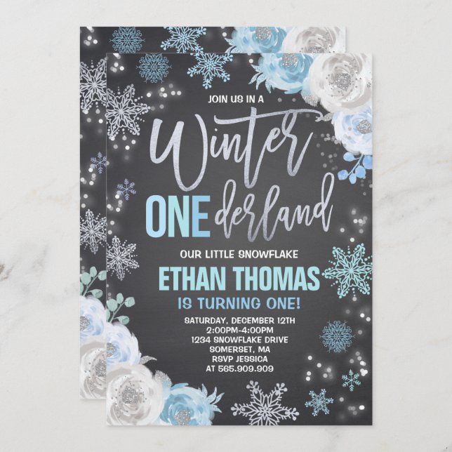 Winter ONEderland Birthday Invitation Blue Silver (Front/Back)
