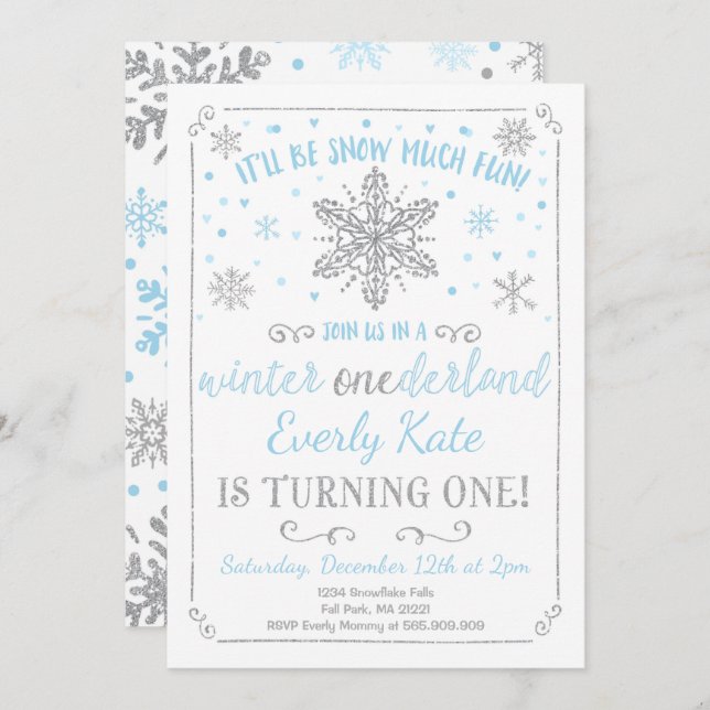 Winter ONEderland Birthday Invitation Blue Silver (Front/Back)