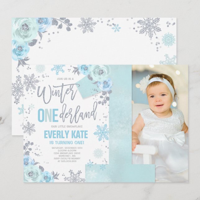 Winter ONEderland Birthday Invitation Blue Silver (Front/Back)