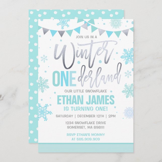 Winter ONEderland Birthday Invitation Blue & Teal (Front/Back)