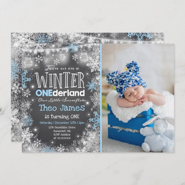 Winter ONEderland Birthday Invitation Blue White (Front/Back)