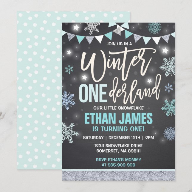 Winter ONEderland Birthday Invitation Blue & White (Front/Back)