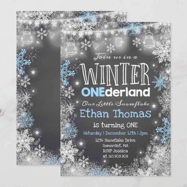 Winter ONEderland Birthday Invitation Blue White (Front/Back)