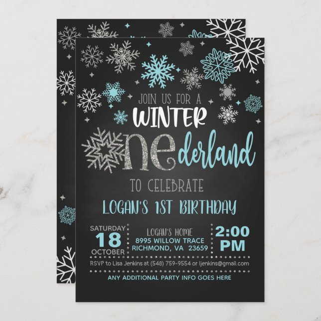 Winter ONEderland Birthday Invitation - Boy - BLK (Front/Back)