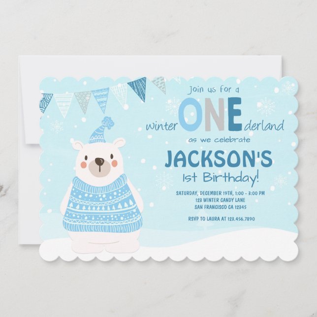 Winter ONEderland birthday invitation Boy Blue (Front)