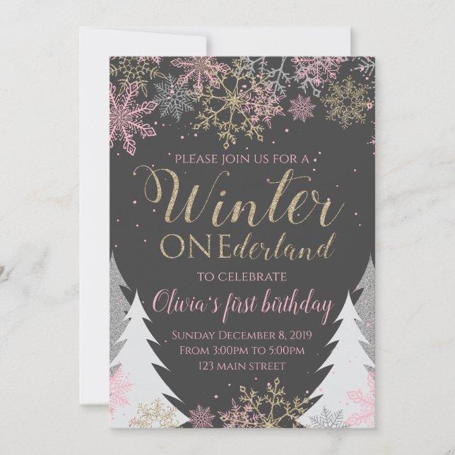 Winter ONEderland Birthday Invitation Pink (Front)