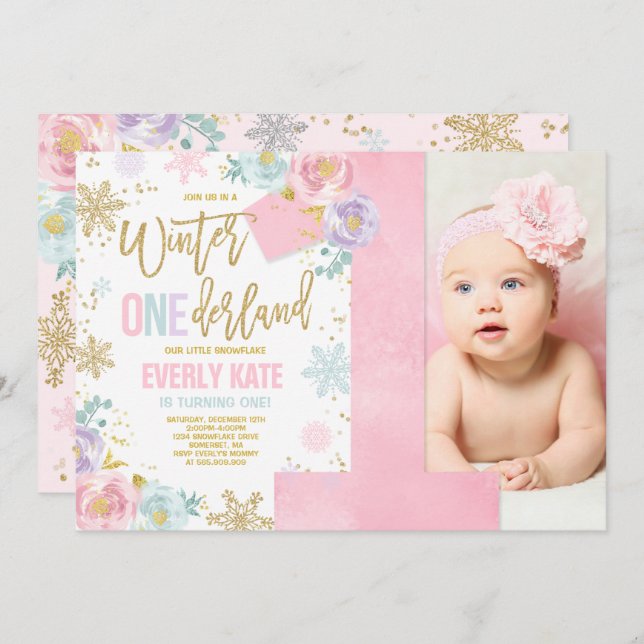 Winter ONEderland Birthday Invitation Pink Gold (Front/Back)