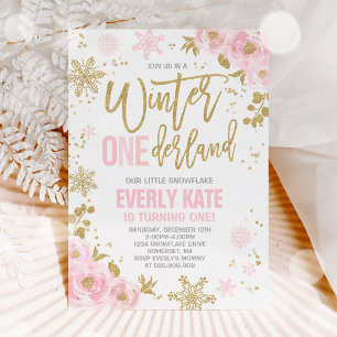 Winter ONEderland Birthday Invitation Pink Gold