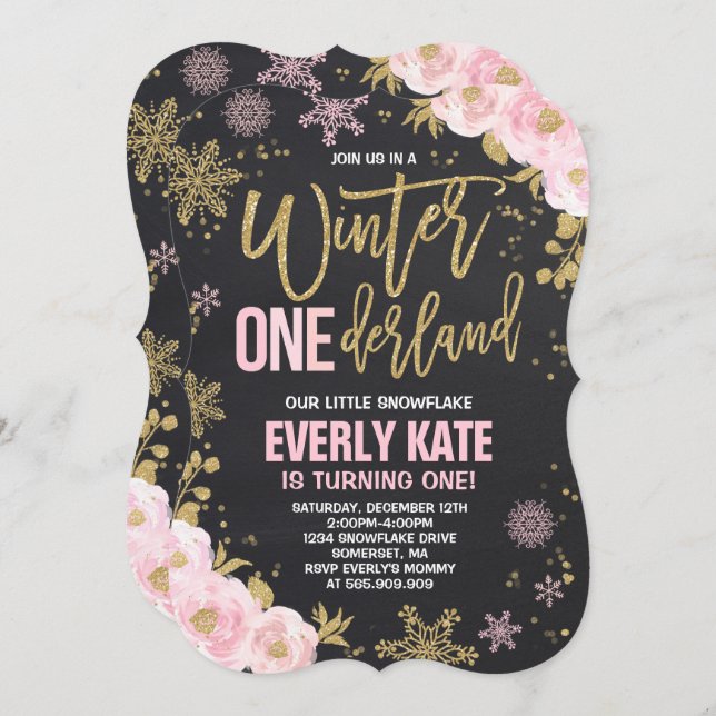 Winter ONEderland Birthday Invitation Pink Gold (Front/Back)