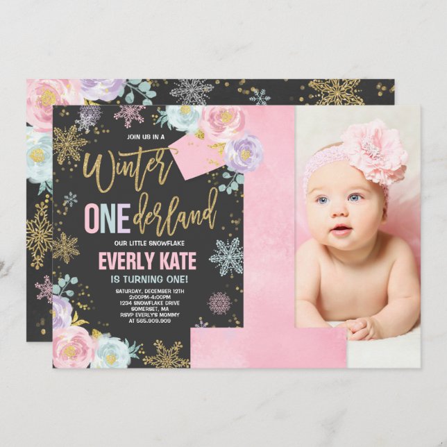 Winter ONEderland Birthday Invitation Pink Gold (Front/Back)