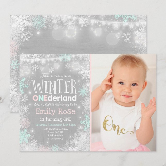 Winter ONEderland Birthday Invitation Pink Mint (Front/Back)