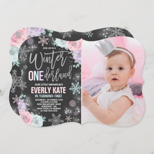 Winter ONEderland Birthday Invitation Pink Silver (Front/Back)