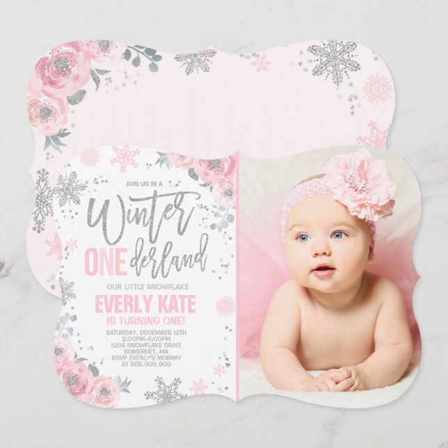 Winter ONEderland Birthday Invitation Pink Silver (Front/Back)