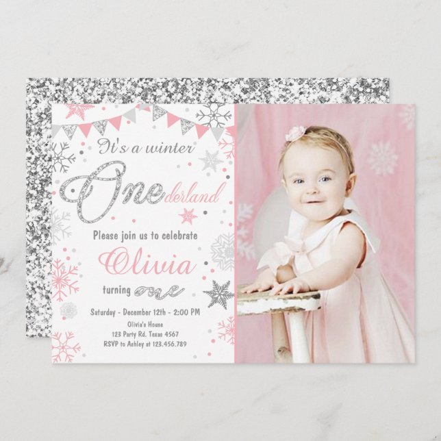 Winter Onederland birthday invitation Pink silver (Front/Back)