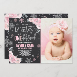 Winter ONEderland Birthday Invitation Pink Silver