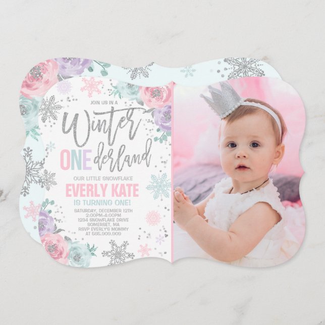 Winter ONEderland Birthday Invitation Pink Silver (Front/Back)