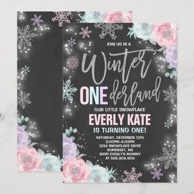 Winter ONEderland Birthday Invitation Pink Silver (Front/Back)