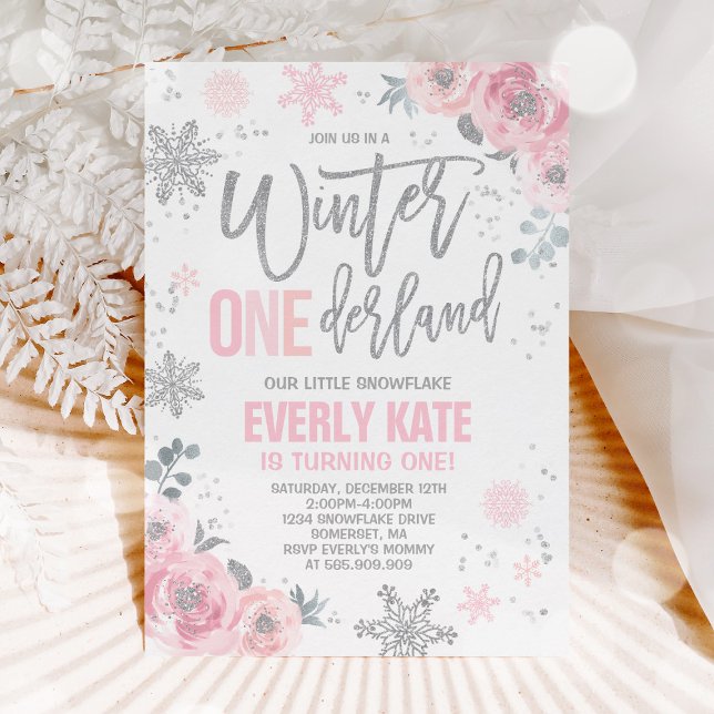 Winter ONEderland Birthday Invitation Pink Silver (Creator Uploaded)