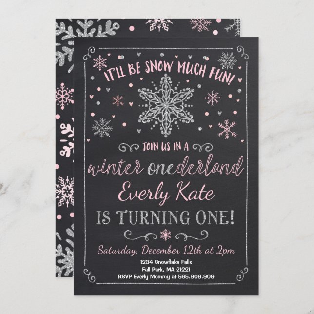 Winter ONEderland Birthday Invitation Pink Silver (Front/Back)