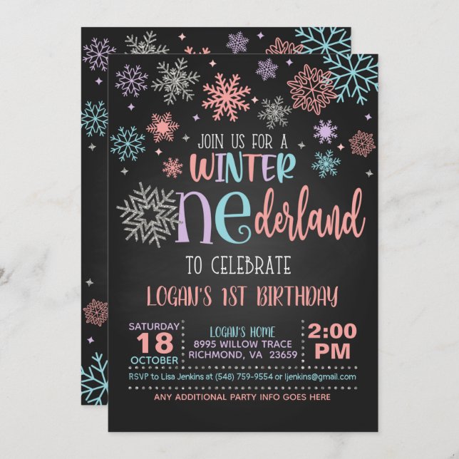 Winter ONEderland Birthday Invitation - PPB - Blk (Front/Back)