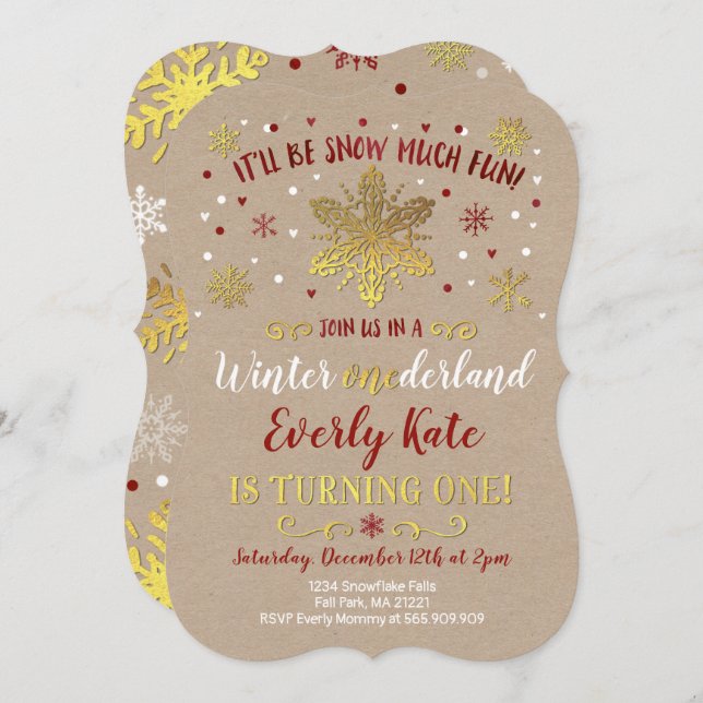 Winter ONEderland Birthday Invitation Red & Gold (Front/Back)