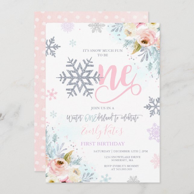 Winter ONEderland Birthday Invitation Silver Pink (Front/Back)