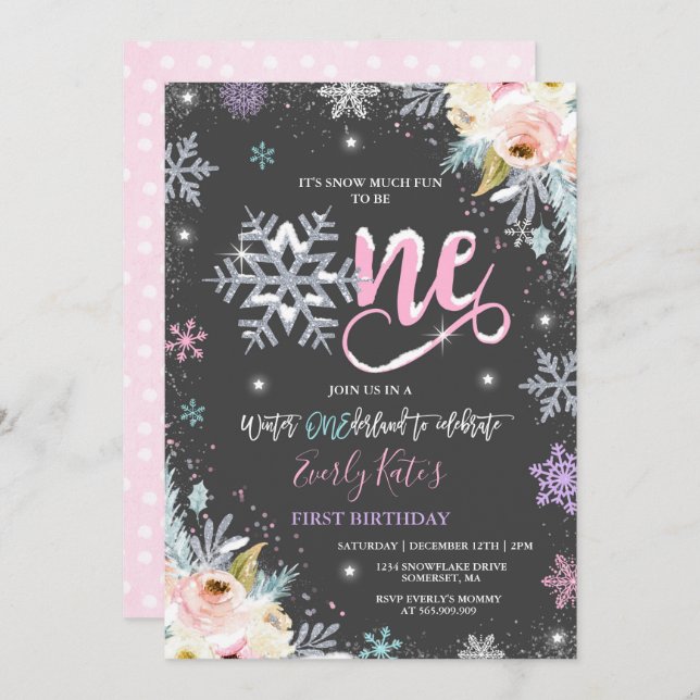 Winter ONEderland Birthday Invitation Silver Pink (Front/Back)