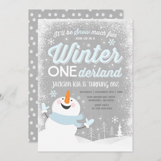Winter ONEderland Birthday Invitation Snowman Blue (Front/Back)