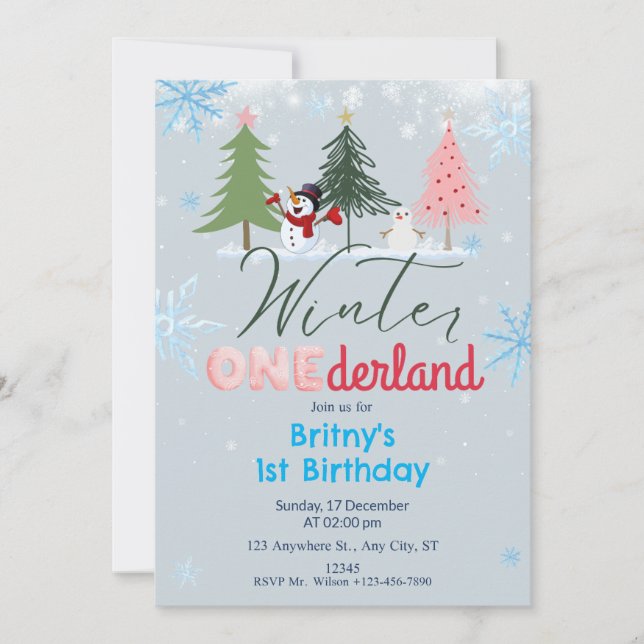Winter ONEderland Birthday Invitation Snowman blue (Front)