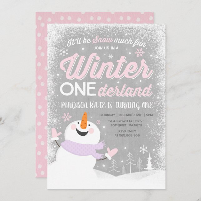 Winter ONEderland Birthday Invitation Snowman Pink (Front/Back)
